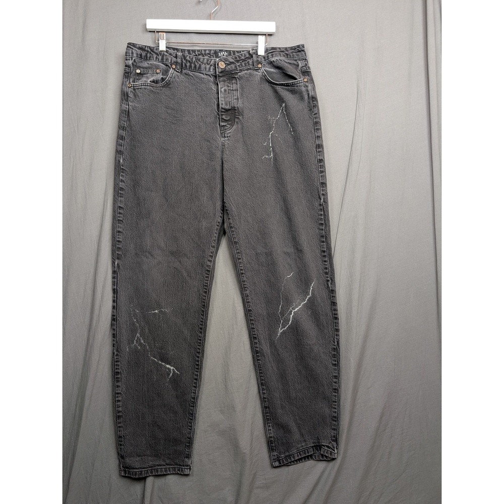 Boohoo Man Mens Size 40 Relaxed‎ Fit Lightning Print Black Jeans